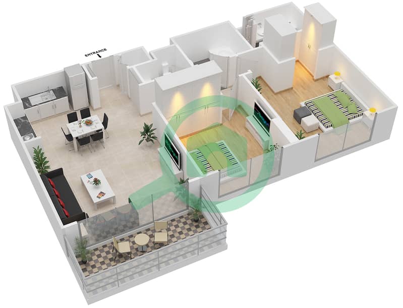 Гольф Вьюс - Апартамент 2 Cпальни планировка Тип 2A BLOCK-B Floor 2-11
B202,B205-B208,B302,B305 interactive3D