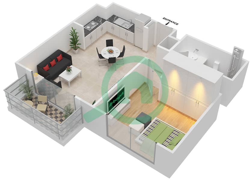 المخططات الطابقية لتصميم النموذج 1A BLOCK-B شقة 1 غرفة نوم - غولف فيوز Floor 1-11
B109,B201,B209,B301,B309 interactive3D