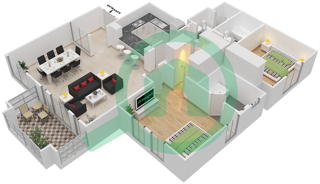المخططات الطابقية لتصميم الوحدة 4 / FLOOR 1-3 شقة 2 غرفة نوم - يانسون 6 Floor 1-3 interactive3D