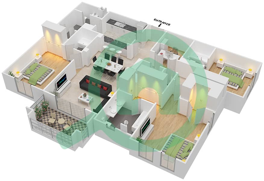المخططات الطابقية لتصميم الوحدة 5 / FLOOR 1-3 شقة 3 غرف نوم - يانسون 6 Floor 1-3 interactive3D