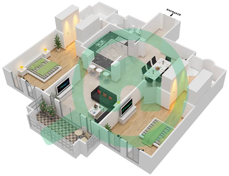 المخططات الطابقية لتصميم الوحدة 8 / FLOOR 1-3 شقة 2 غرفة نوم - يانسون 6 Floor 1-3 interactive3D