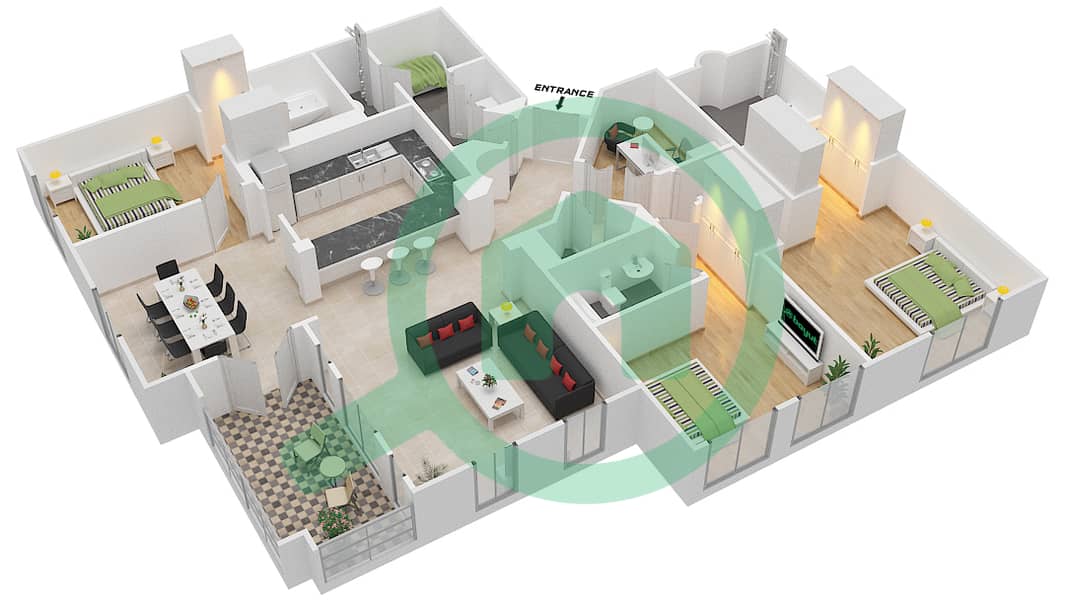 المخططات الطابقية لتصميم الوحدة 9 / FLOOR 1-4 شقة 3 غرف نوم - يانسون 6 Floor 1-4 interactive3D