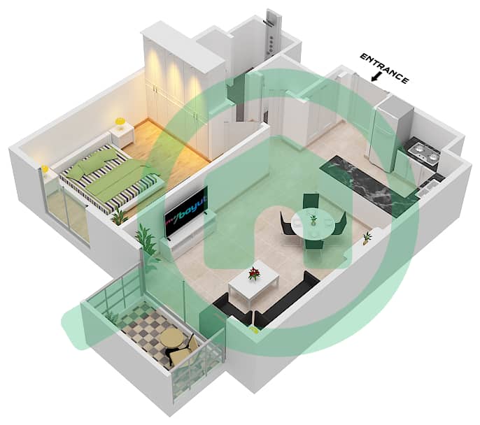 埃拉拉1号楼 - 1 卧室公寓类型／单位1A / UNIT 8,9 FLOOR 1-8戶型图 Floor 1-8 interactive3D