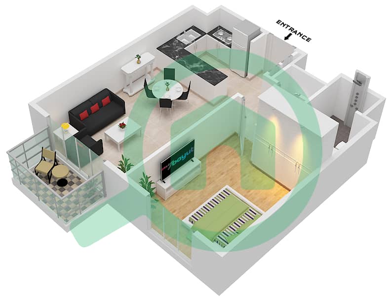 Elara Building 1 - 1 Bedroom Apartment Type/unit 1A / UNIT 1 FLOOR 1-8 Floor plan Floor 1-8 interactive3D