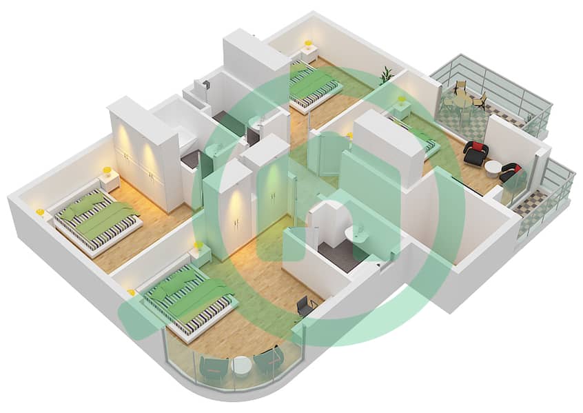 المخططات الطابقية لتصميم النموذج D فيلا تجارية 4 غرف نوم - فلل D First Floor interactive3D