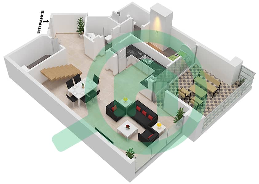 迪拜SLS酒店公寓 - 2 卧室公寓类型B-DUPLEX戶型图 Lower Level interactive3D