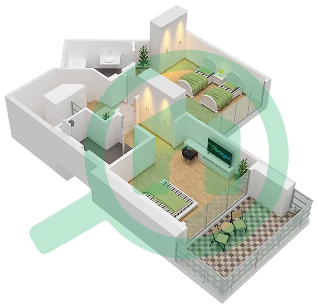 迪拜SLS酒店公寓 - 2 卧室公寓类型B-DUPLEX戶型图 Upper Level interactive3D