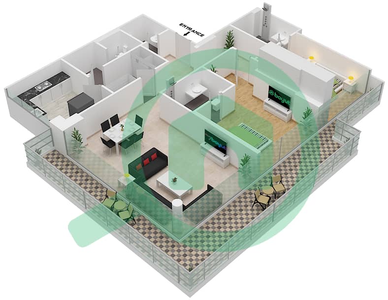 المخططات الطابقية لتصميم الوحدة 02A FLOOR 8 شقة 2 غرفة نوم - لوريتو 3A Floor-8 interactive3D