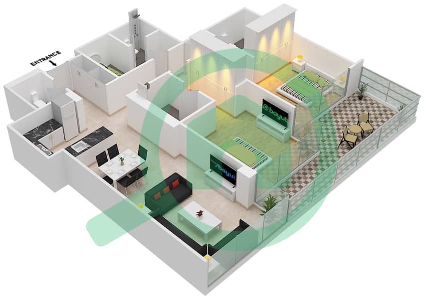 المخططات الطابقية لتصميم الوحدة 11 FLOOR 6 شقة 2 غرفة نوم - لوريتو 3A Floor 6 interactive3D