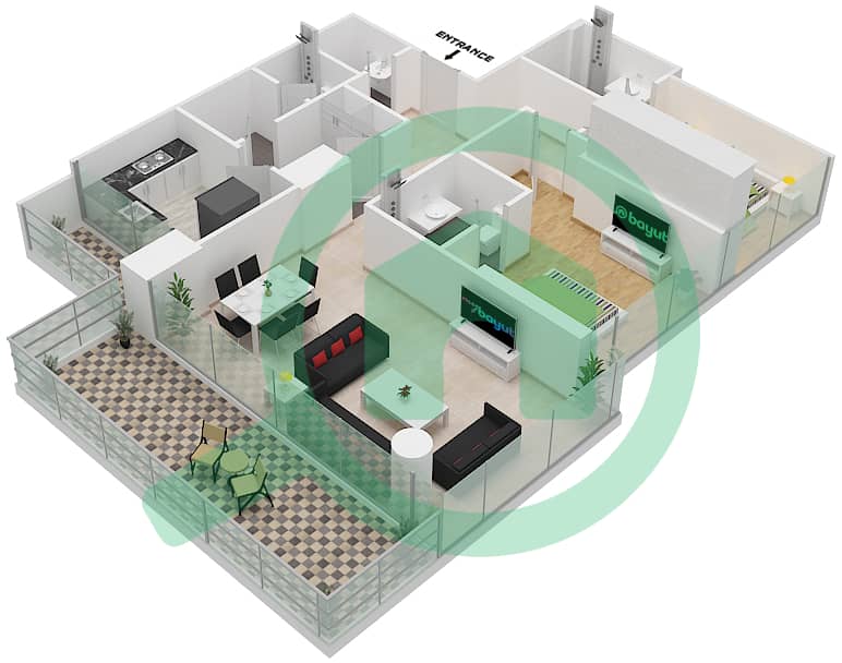 المخططات الطابقية لتصميم الوحدة 02A FLOOR 6 شقة 2 غرفة نوم - لوريتو 3A Floor 6 interactive3D