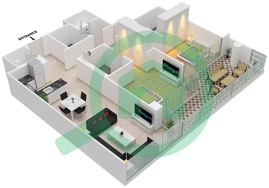 المخططات الطابقية لتصميم الوحدة 10 FLOOR 3 شقة 2 غرفة نوم - لوريتو 3A Floor 3 interactive3D