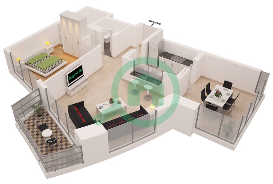 Санибел Тауэр - Апартамент 1 Спальня планировка Гарнитур, анфилиада комнат, апартаменты, подходящий 4 Floor 4-26 interactive3D