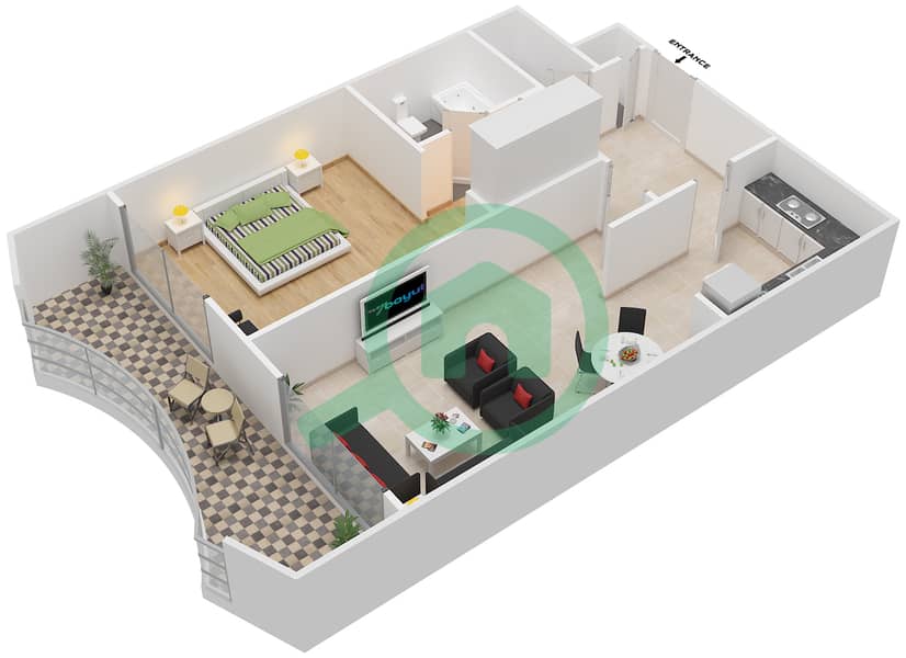 المخططات الطابقية لتصميم الوحدة 6 شقة 1 غرفة نوم - اكسيس ريزيدنسز ون 1 interactive3D