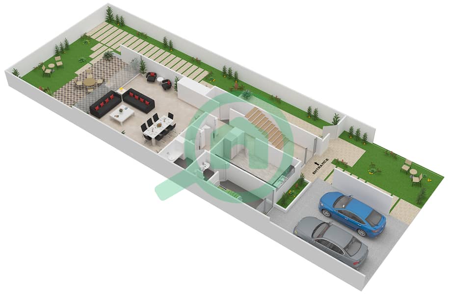 المخططات الطابقية لتصميم النموذج TH-K تاون هاوس 3 غرف نوم - سيلفر سبرينغ Ground Floor interactive3D