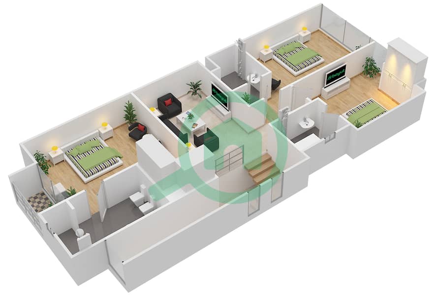 المخططات الطابقية لتصميم النموذج TH-K تاون هاوس 3 غرف نوم - سيلفر سبرينغ First Floor interactive3D