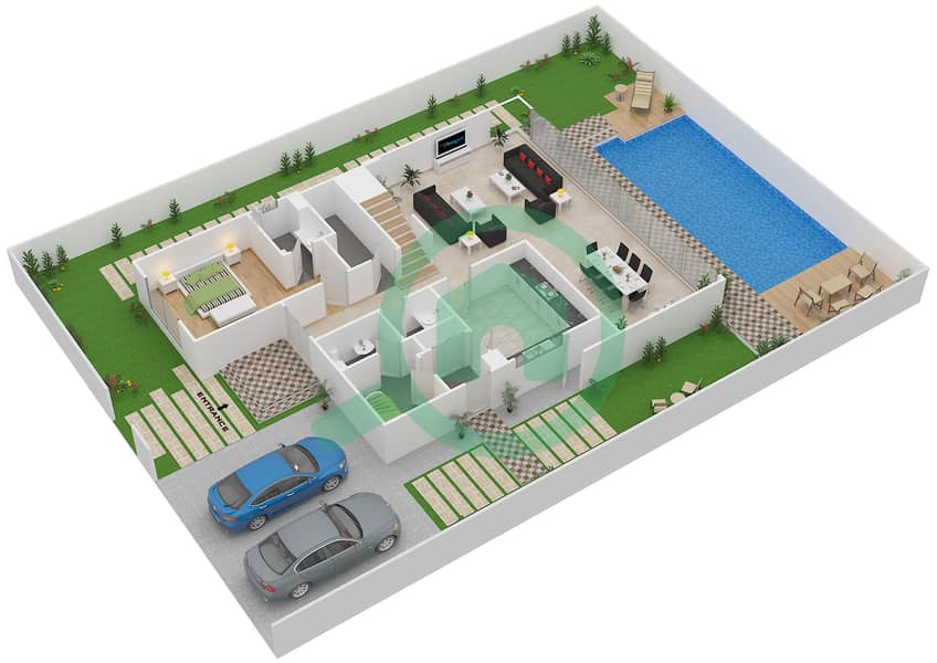 المخططات الطابقية لتصميم النموذج V-3 تاون هاوس 5 غرف نوم - سيلفر سبرينغ Ground Floor interactive3D