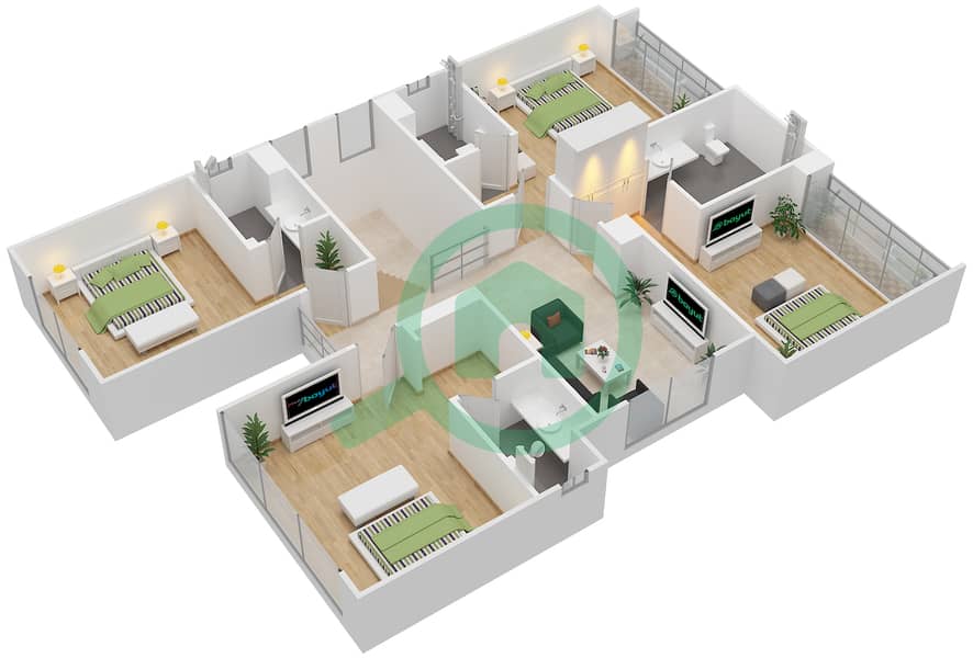 المخططات الطابقية لتصميم النموذج V-3 تاون هاوس 5 غرف نوم - سيلفر سبرينغ First Floor interactive3D
