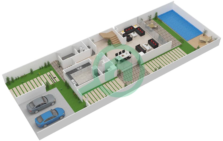 المخططات الطابقية لتصميم النموذج TH-L تاون هاوس 3 غرف نوم - سيلفر سبرينغ Ground Floor interactive3D