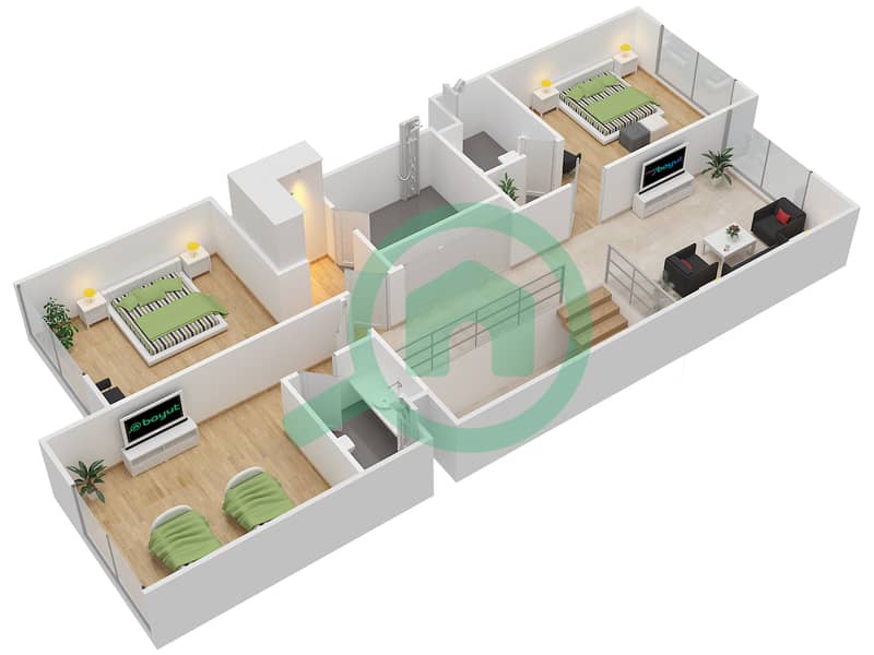 المخططات الطابقية لتصميم النموذج TH-L تاون هاوس 3 غرف نوم - سيلفر سبرينغ First Floor interactive3D