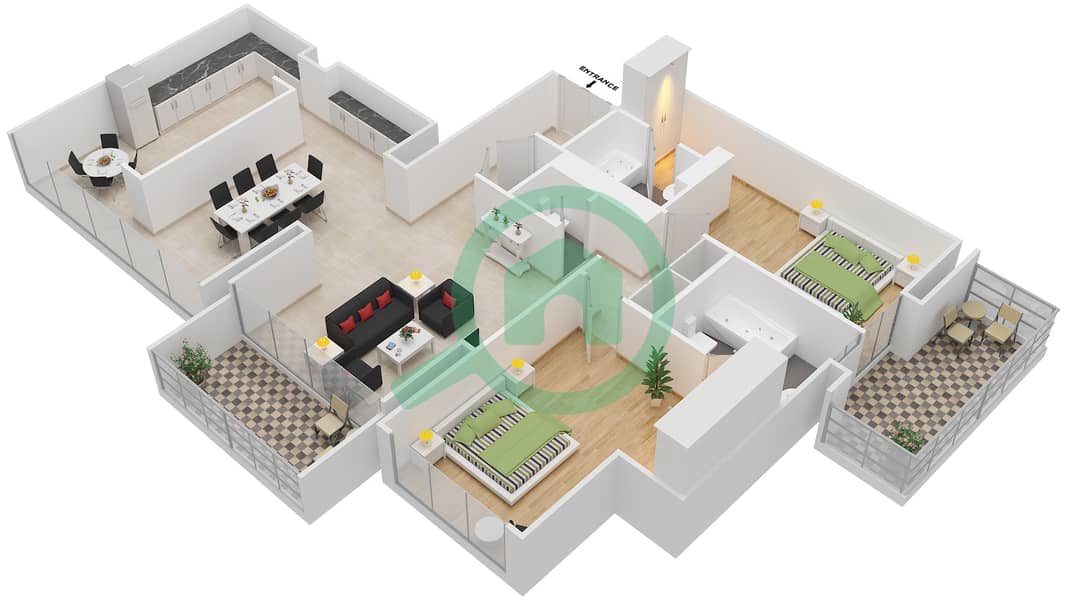 المخططات الطابقية لتصميم الوحدة 5505 شقة 2 غرفة نوم - برج إندكس‬ Floor 55 interactive3D