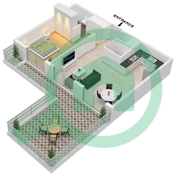 المخططات الطابقية لتصميم الوحدة 102,106 FLOOR 1 شقة 1 غرفة نوم - زازين غاردنز Floor 1 interactive3D