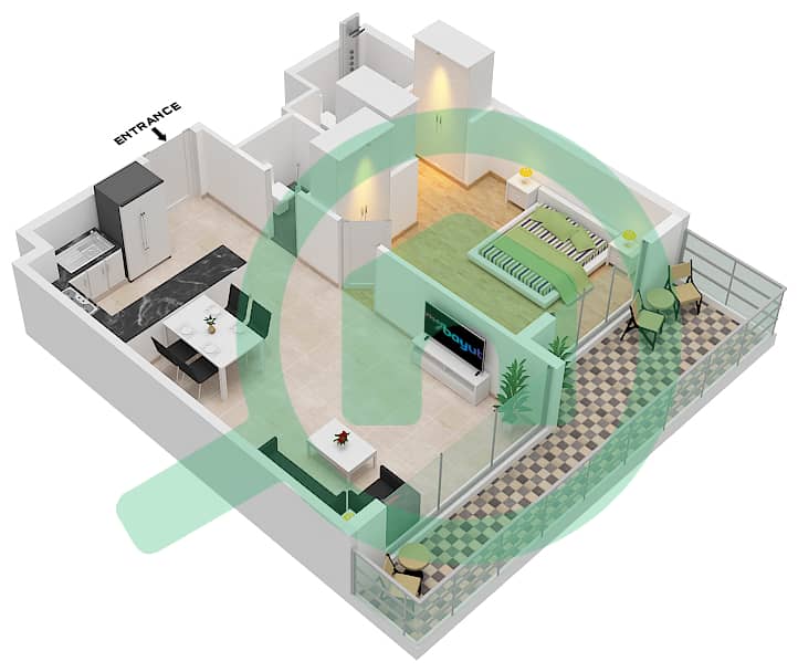 المخططات الطابقية لتصميم النموذج B شقة 1 غرفة نوم - لوما بارك فيوز interactive3D