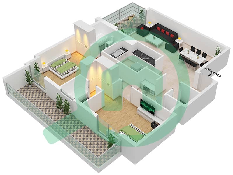 阿齐兹兰花公寓 - 2 卧室公寓类型／单位6B/7戶型图 interactive3D