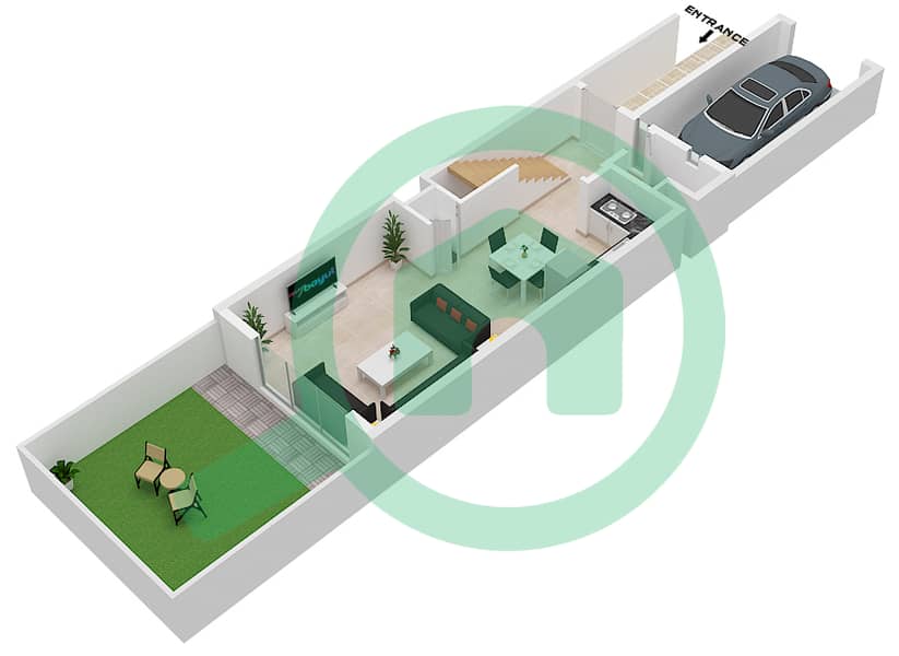 المخططات الطابقية لتصميم النموذج A تاون هاوس 2 غرفة نوم - قرية ريبورتاج Ground Floor interactive3D