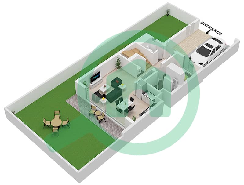 المخططات الطابقية لتصميم النموذج A تاون هاوس 3 غرف نوم - قرية ريبورتاج Ground Floor interactive3D
