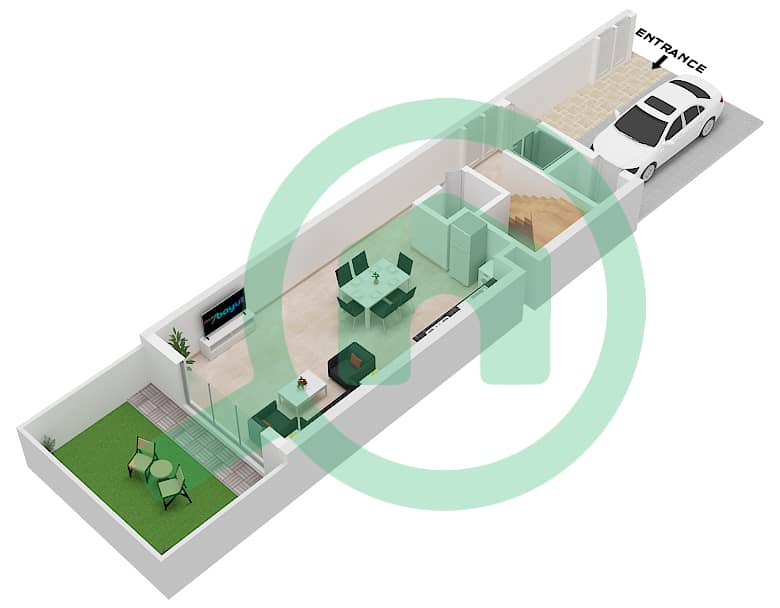 المخططات الطابقية لتصميم النموذج A تاون هاوس 4 غرف نوم - قرية ريبورتاج Ground Floor interactive3D