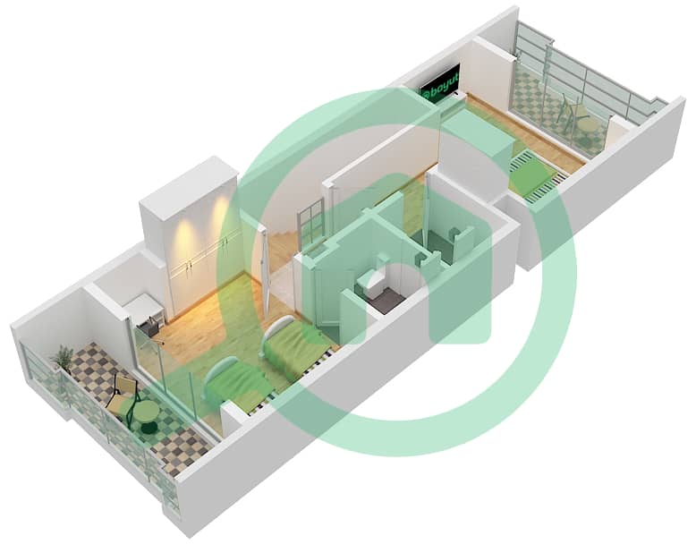 المخططات الطابقية لتصميم النموذج A تاون هاوس 2 غرفة نوم - قرية ريبورتاج First Floor interactive3D