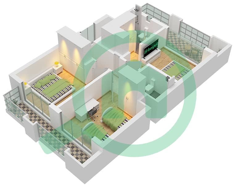 المخططات الطابقية لتصميم النموذج A تاون هاوس 3 غرف نوم - قرية ريبورتاج First Floor interactive3D