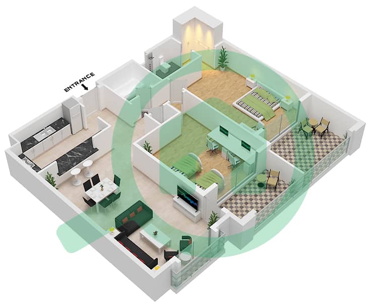 المخططات الطابقية لتصميم النموذج C شقة 2 غرفة نوم - أنسام 4 interactive3D