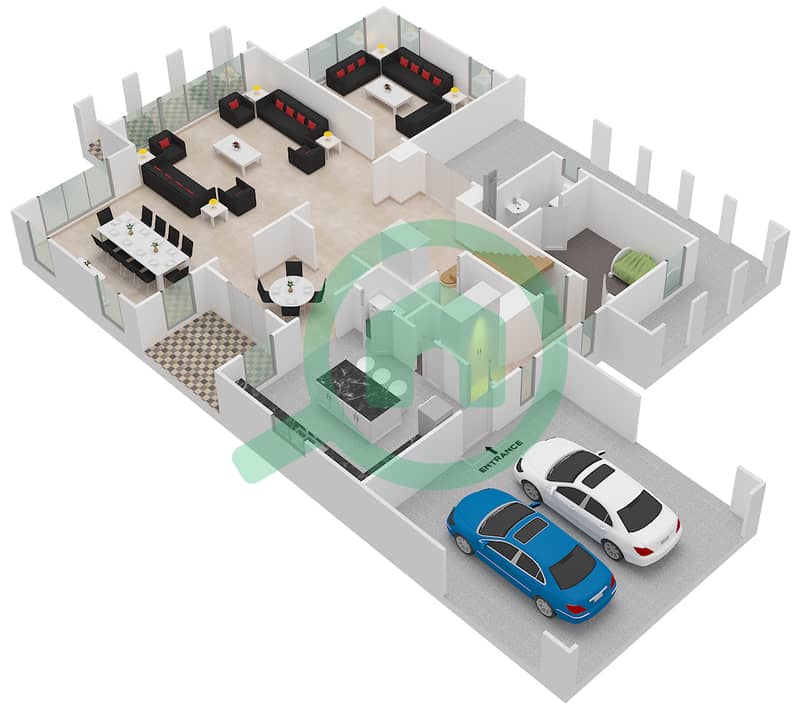 المخططات الطابقية لتصميم النموذج 1 فیلا 4 غرف نوم - أفينيدا 2 Ground Floor interactive3D