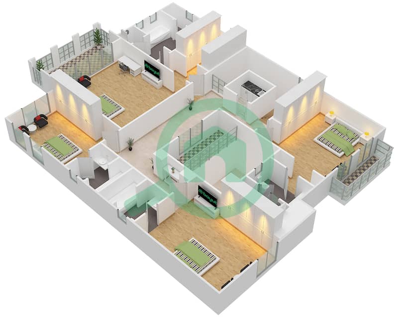 المخططات الطابقية لتصميم النموذج 3 فیلا 5 غرف نوم - أفينيدا 2 First Floor interactive3D