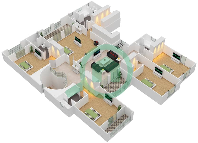 المخططات الطابقية لتصميم النموذج 4 فیلا 6 غرف نوم - أفينيدا 2 First Floor interactive3D