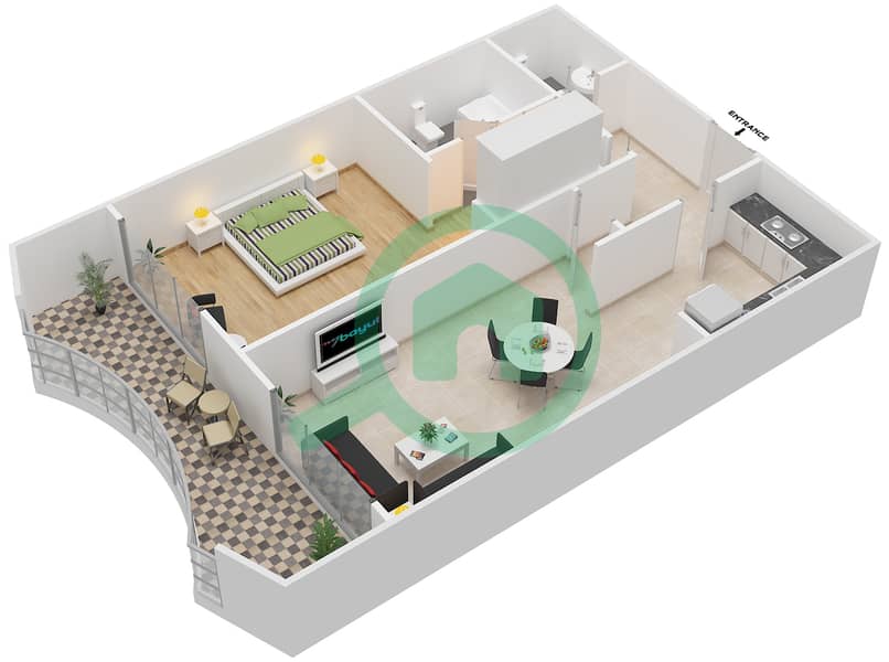 المخططات الطابقية لتصميم الوحدة 1 شقة 1 غرفة نوم - اكسيس ريزيدنسز ون 1 interactive3D