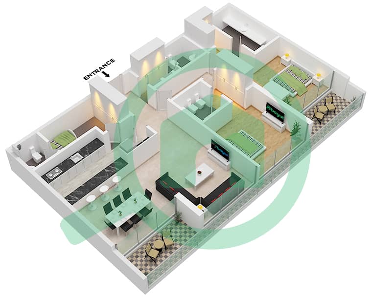المخططات الطابقية لتصميم النموذج 1-SIMPLEX شقة 2 غرفة نوم - جايت واي interactive3D