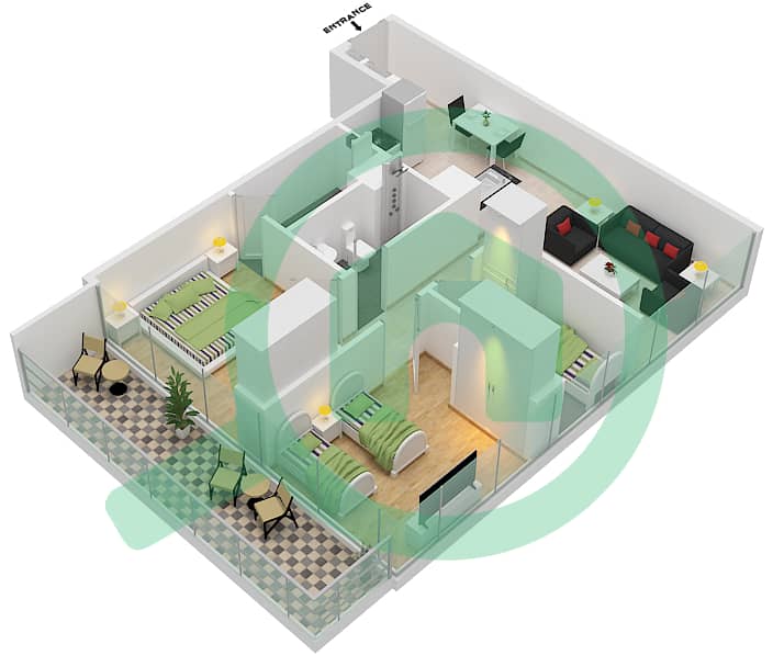 帝瓦公寓 - 2 卧室公寓类型B2戶型图 interactive3D