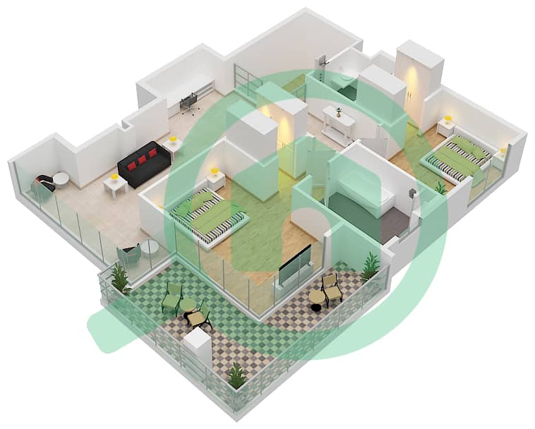المخططات الطابقية لتصميم النموذج T2B شقة 3 غرف نوم - مولبيري 1 مبنى B2 Upper Floor interactive3D