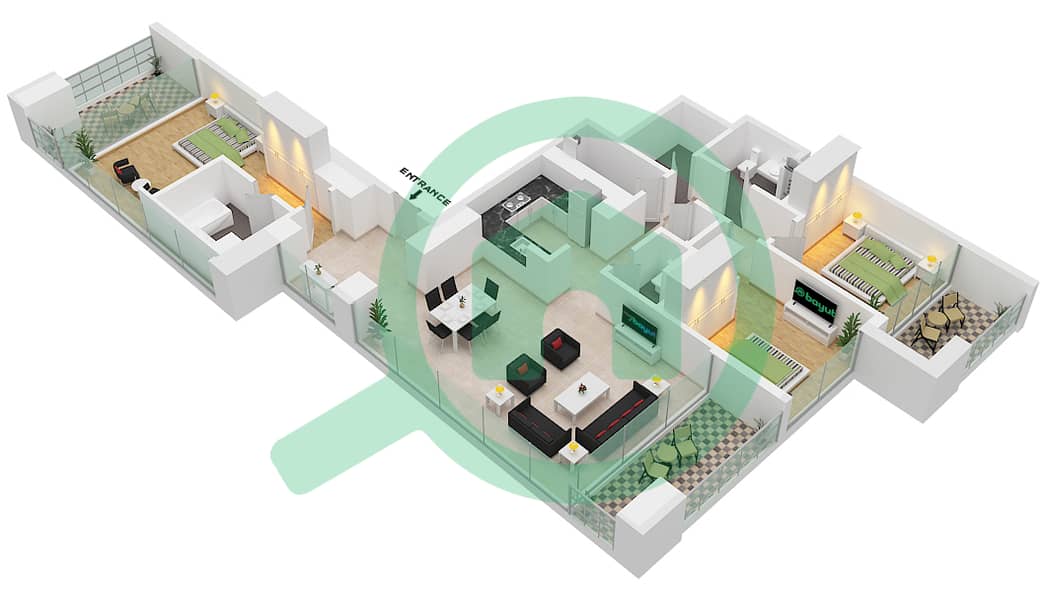 Downtown Views II Tower 3 - 3 Bedroom Apartment Unit 05 FLOOR 32-47 Floor plan Floor 32-47 interactive3D