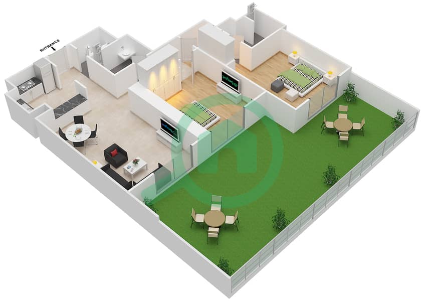 Sherena Residence - 2 Bedroom Apartment Type 3A Floor plan interactive3D
