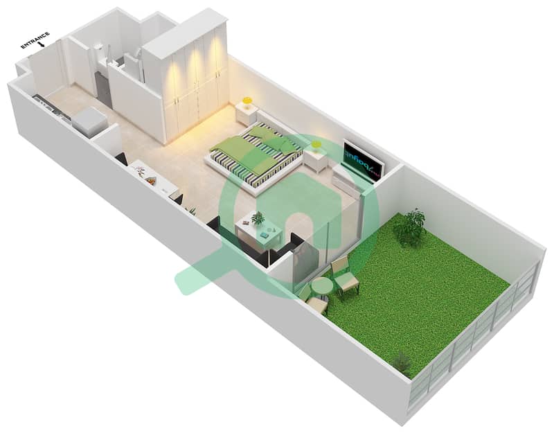المخططات الطابقية لتصميم النموذج 2A شقة استوديو - شيرينا ريزيدينس interactive3D