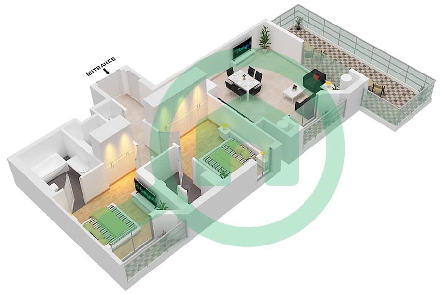 المخططات الطابقية لتصميم النموذج A شقة 2 غرفة نوم - ذا نايبرهود interactive3D