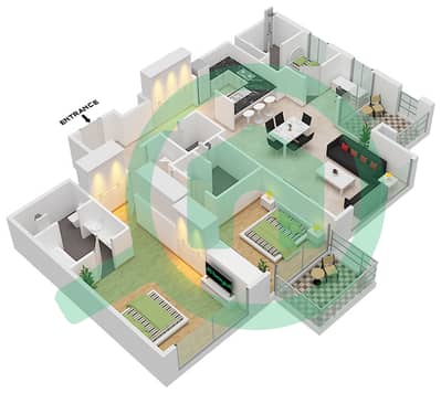 المخططات الطابقية لتصميم النموذج A شقة 2 غرفة نوم - أتريا ريزيدنس