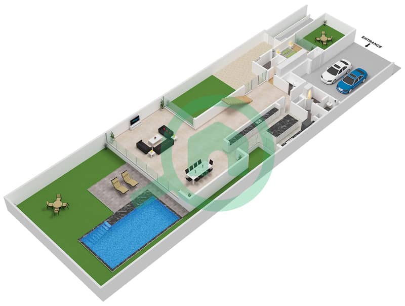 المخططات الطابقية لتصميم النموذج A1 فیلا 4 غرف نوم - فلل بيتش هيلز Ground Floor interactive3D