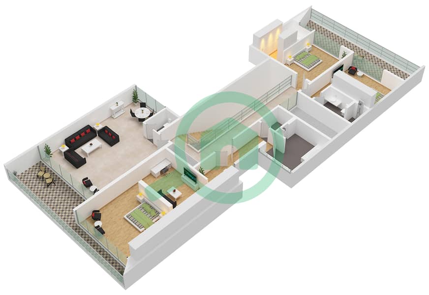المخططات الطابقية لتصميم النموذج A1 فیلا 4 غرف نوم - فلل بيتش هيلز First Floor interactive3D