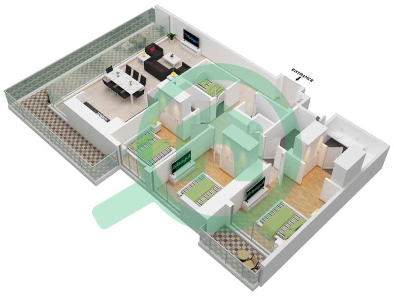 滨海之畔公寓 - 3 卧室公寓类型／单位A/UNIT 02/FLOOR 01-02戶型图 Floor 01-02(Podium) interactive3D