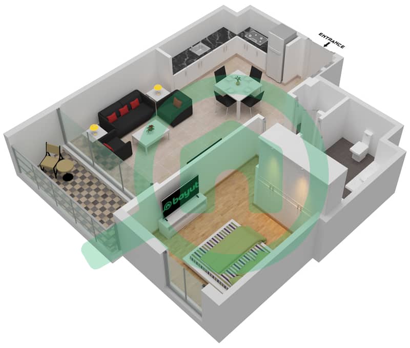 滨海之畔公寓 - 1 卧室公寓类型／单位A/UNIT 07/FLOOR 04-24戶型图 Floor 04-24 interactive3D