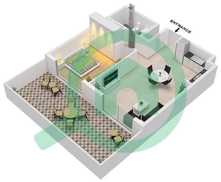 المخططات الطابقية لتصميم النموذج / الوحدة 1A / 7-14,18 شقة 1 غرفة نوم - مساكن تنفيذية 2 Ground Floor interactive3D